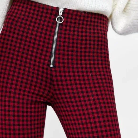 ZARA Red and Black Checked Leggings, Front Zipper, Ankle Length